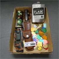 Assorted Knives, Dog Tags, Flask