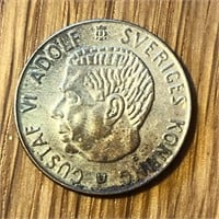 1966 Silver Sweden 1 Krona Coin Gustaf VI