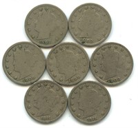 7 "V" Nickels - 1899, (2) 1902, 1906, 1907 & (2)