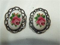 Sterling & Petit Point Clip on Earrings 6.13g