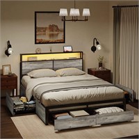Queen Bed Frame w/Storage Headboard & LED  Greige
