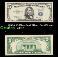 1953A $5 Blue Seal Silver Certificate Grades vf++