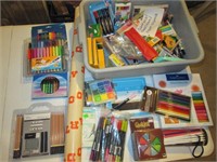 tote of art supplies, markers, pencils