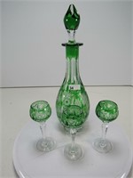 GREEN CUT GLASS 9" DECANTER WITH GLASSES