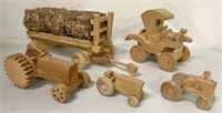 5 Wooden pcs- Tractors, Hay Wagon, Car