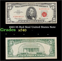 1963 $5 Red Seal United States Note Grades xf