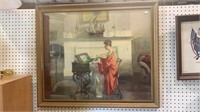 Large framed print of a lady at the piano - signed