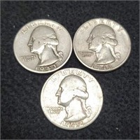 (3) Fine Washington Silver Quarters: 1942-P&S,
