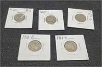 (5) Buffalo Nickels: 1917-D, 1918-D, 1927-P,D,S