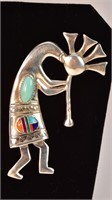Indian Sterling Kokopelli Pin w/ Turquoise Signed