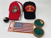 2- Marine Corps Caps, Dice in Box, Flag Patch