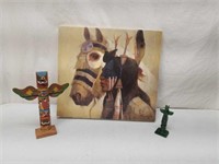 Stone + Wooden Carved Totem Poles + Native Picture
