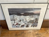 Framed Grandma Moses print ‘It snows, oh it
