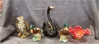 Ceramic Swan Planter, Owl, Ducks (1 has Chip,1 has