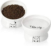 Tilted Raised Ceramic Cat Bowls Set, White