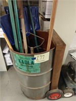 Garden hand tools, posts, and metal 55 gal drum