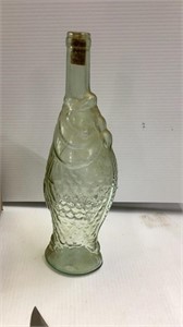 Vintage pressed glass fish wine bottle with cork,