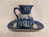 Antique Blue/White Ironstone Pitcher & Tray