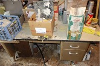 METAL DESK W/CONTENTS COLEMAN LANTERN, CAR PARTS,