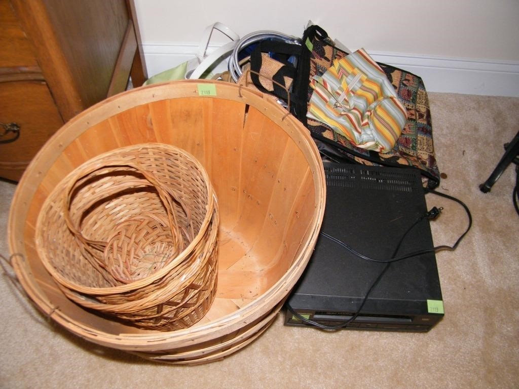 SAMSUNG VHS PLAYER, BUSHEL BASKET, TOTE, BAGS