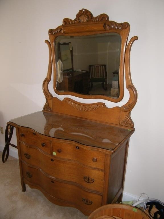 LG. OAK 4 DRAWER DRESSER WITH FANCY MIRROR &