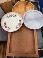 Wooden bowl and tray, Metal trays