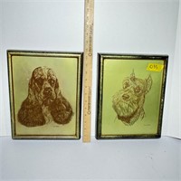EH Hart Signed Wood Etchings of Dogs Wall Hanging