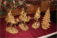 3 WISE MEN ON CAMELS AND TREE GOLD COLOR FIGURINES