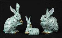 Three Herend Rabbit Porcelain Figurines in Green