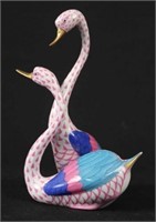 Herend Porcelain Entwined Swan Couple in Raspberry