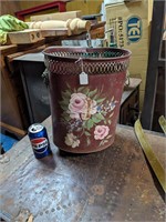 Antique Tin Trash Can w/Painted Flowers