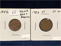 1952, 1953 Canadian Pennies MS63, EF40