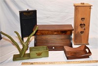 LOT - WOODEN BREADBOX, ETC.