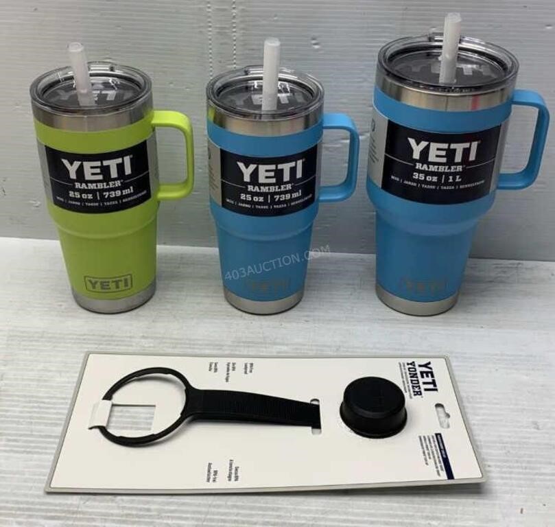 Lot of 4 Yeti Rambler 25oz Mugs/Tether Cap - NEW