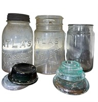 3 Antique Blue Atlas Canning Jars, Tops, Marbles