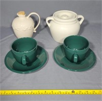 Ceramic Jug, Pot, and Cups & Saucers