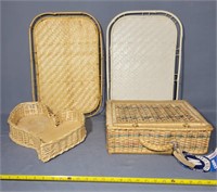 Vintage Wicker Serving Trays, Basket, and Suitcase