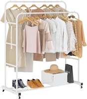 Double Rods Clothing Rack with Wheels  White