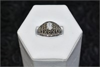 .925 Silver Filigree CZ & Marcasite Ring Sz 8.5