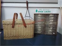 Metal picnic basket, rug beater & advertising