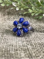 Lapis Lazuli & Aquamarine Stoned Flower SS Ring