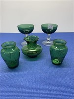 Vintage Emerald Green Mini Vases with Gold Swirl