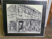 Old storehouse & people sketch signed framed