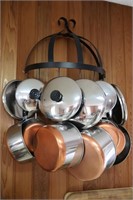 Metal Pot Hanger & 7 Revere-Ware Pots and Pans