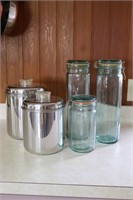 3 Glass Storage Jars, 2 Metal Dry Goods Tins