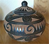 Southwest Design Carved Lidded Jar, Signed