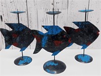 3 Handpainted Stamped Metal Fish  Candleholders