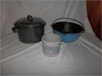 Group of 3-blue enamel over cast pot with handle