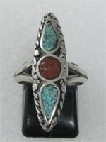 Tested Sterling Silver Turquoise Coral SW Ring