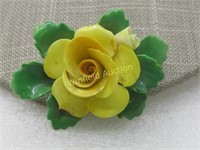Vintage English Yellow Rose Painted Brooch, Porcel